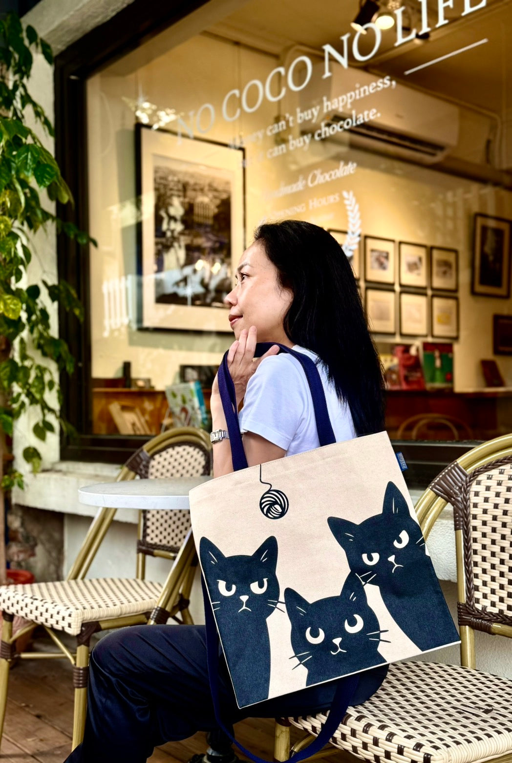 貓系 三朵貓休閒 斜背掛肩兩用包 購物袋 黑貓咪 書袋 休閒袋 送禮精選