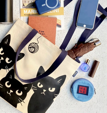 貓系 三朵貓休閒 斜背掛肩兩用包 購物袋 黑貓咪 書袋 休閒袋 送禮精選